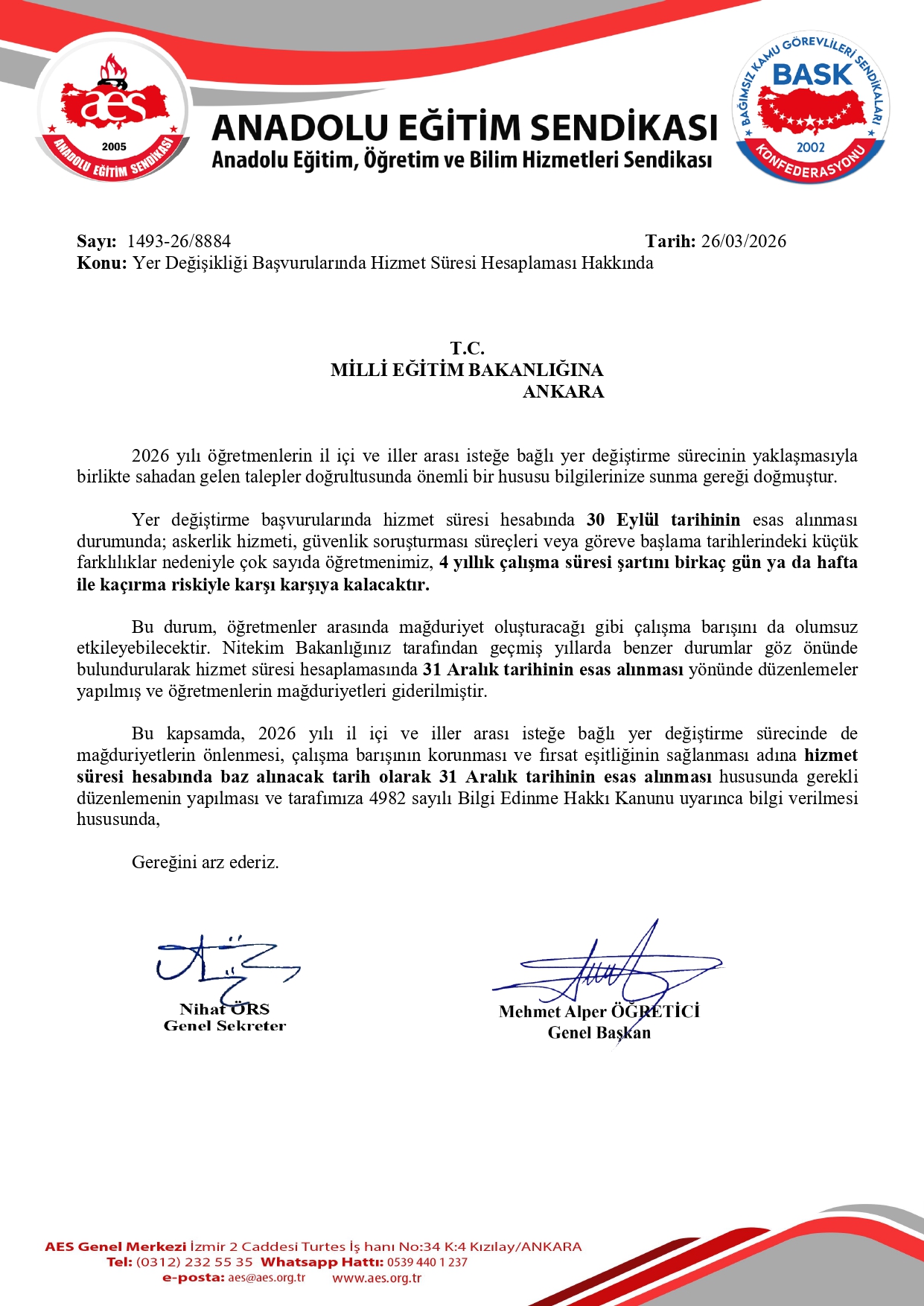 Yer Değişikliği Başvurularında Hizmet Süresi Hesaplaması Hakkında   